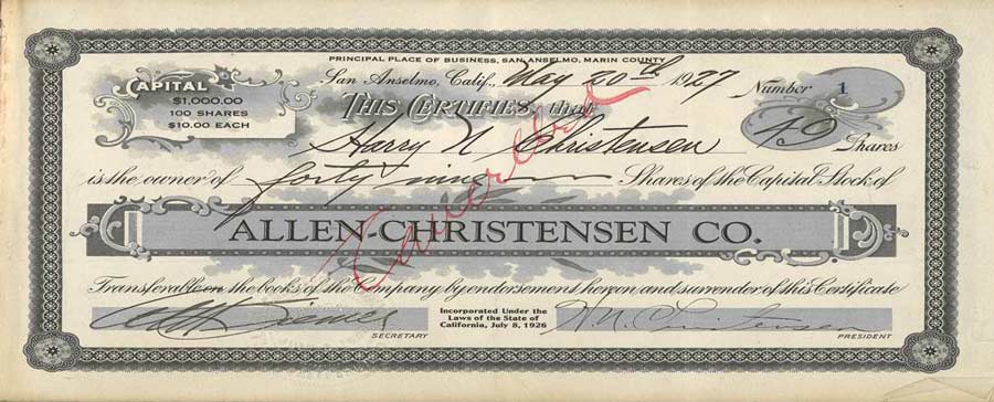 Allen-Christensen-Co.-stock-certificate